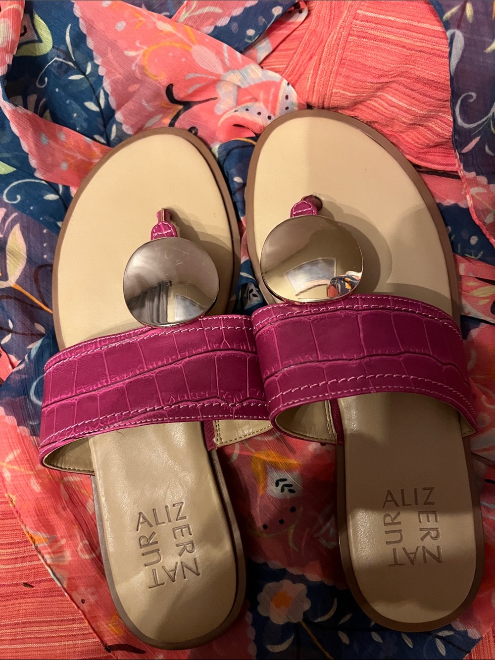 Naturalizer Fuchsia Croc-Textured Slide Sandals with Silver Accent - Picture 4 of 4